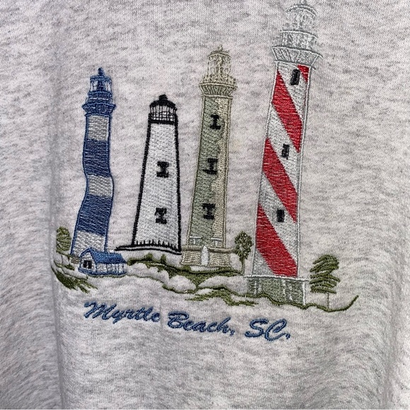 Vintage Large Myrtle Beach Embroidered Lighthouse Pullover Light Gray Sweatshirt - Picture 3 of 8